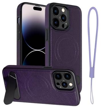 Imagem de Moment Dextrad Capa de couro magnética para iPhone 14 Pro Max, suporte embutido, compatível com MagSafe, alça de silicone, proteção interna de TPU, capa de telefone fina à prova de choque 14 Pro Max