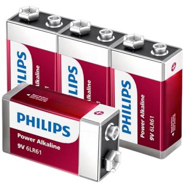 Imagem de PHILIPS Bateria de 9 volts, (pacote com 4) baterias alcalinas de 9 V para detector de fumaça, potência de longa duração até 10 anos de armazenamento, design à prova de vazamento de bateria 9V