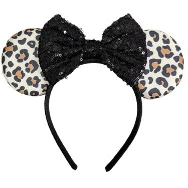 Imagem de CLGIFT Orelhas De Princesa Minnie, Escolha A Sua Cor, Flor, Rato Com Brilho Roxo Floral (Leopardo)