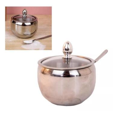Imagem de Açucareiro De Luxo Aço Inox Com Tampa De Vidro E Colher  - D'PRESENTES