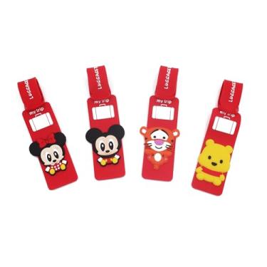 Imagem de Conjunto de 4 peças de etiquetas de identificação de bagagem de viagem de silicone Mickey Pooh vermelho para mala mala avião, navios de cruzeiro com alças de cinto