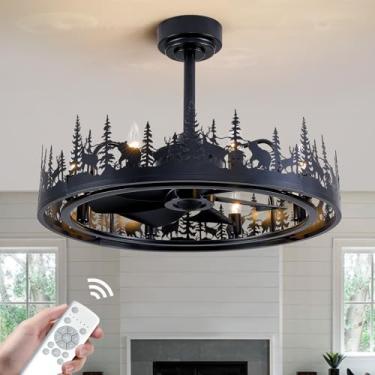 Imagem de MOOONICHE Ventilador de teto de fazenda de 63 cm com luz e controle remoto, luminárias rústicas com altura ajustável, lustres pretos para sala de estar, quarto, corredor, iluminação de entrada.