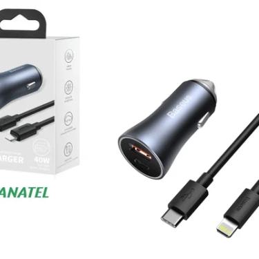 Imagem de Kit Carregador Veicular Baseus 40w Usb + Tipo C Turbo C/cabo Iphone Cinza