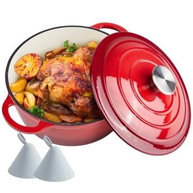 Imagem de Ferro fundido esmaltado para forno holandês de 4,5 litros com tampa - alças duplas grandes - Seguro para forno até 260 °C - Panela redonda clássica para cozinhar vermelho versátil