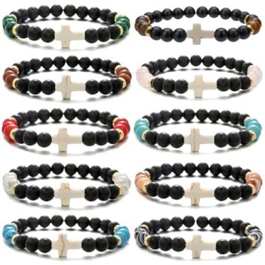 Imagem de HYHONEY Pulseira com contas cruzadas para mulheres e homens, pedra vulcânica, turquesa, olho de tigre, pulseira natural, cura da ansiedade, One Size, Pedra, Pedra