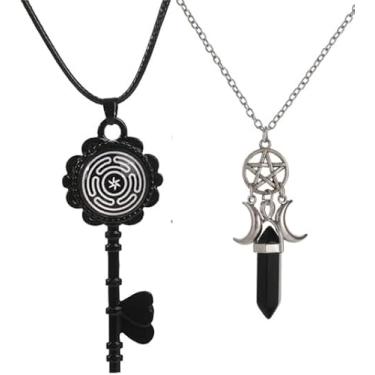 Imagem de NIGHTCRUZ Conjunto de colar com pingente de bruxa, pingente de deusa da lua tripla com pedra, colar de chave de roda de hecate, 2 peças
