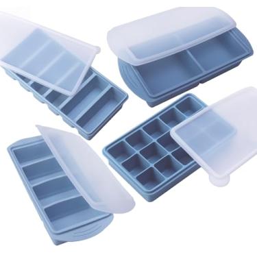 Imagem de Conjunto de moldes de silicone para freezer com 2 colheres de sopa, 1/2, 1 e 2 xícaras, bandejas de silicone para freezer com tampas – Pacote essencial de preparação de refeições e cozinha (azul