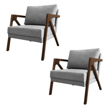 Imagem de Kit 2 Poltronas Mona Monique Luxo Base Madeira Maciça Natural Linho Cinza  