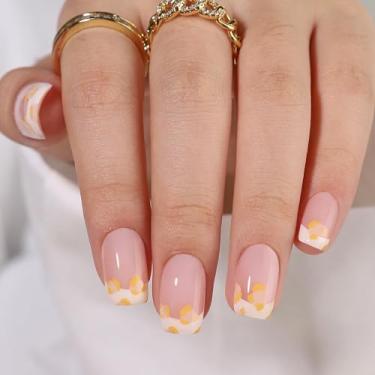 Imagem de RTKHFZE Unhas de pressão de ponta francesa quadrada de gel – unhas curtas, com designs de cola falsa nas unhas para mulheres, ajuste natural reutilizável em 16 tamanhos – Kit de 32 unhas postiças
