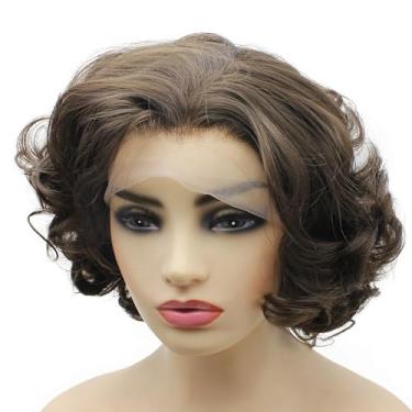 Imagem de Aurssa Peruca natural curta ondulada marrom misturada à mão amarrada à mão, resistente ao calor