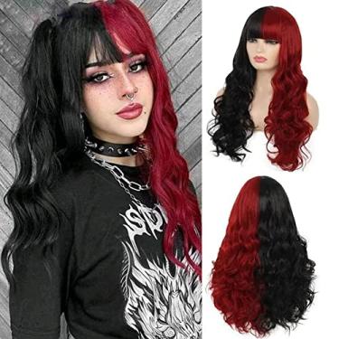 Imagem de Beweig Peruca meio vermelha meia preta longa ondulada Lolita peruca sintética resistente ao calor fantasia cosplay cabelo peruca com franja