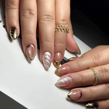 Imagem de RUOKEXIN Unhas postiças curtas de amêndoa, unhas postiças douradas com glitter, com desenhos, cola nas unhas, ovais, curtas, unhas artificiais brilhantes, 24 peças