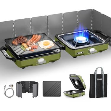 Imagem de ODSD Fogão de acampamento de 2 bocas com para-brisa, fogão de acampamento a propano 20.000 BTU, fogão a gás dobrável portátil, equipamentos essenciais para acampamento, inclui frigideira, suporte de
