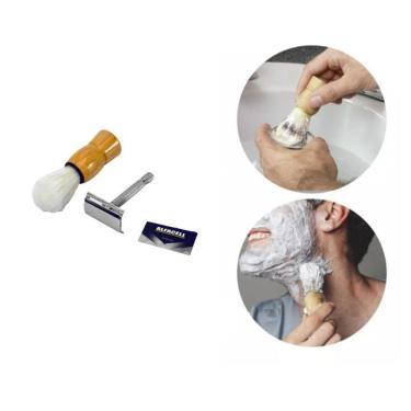 Imagem de Kit Pincel Aparelho Barbear Forte Profissional Com Lâmina