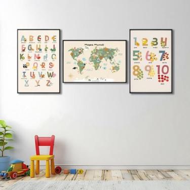 Imagem de Quadro Decorativo Infantil Conjunto Didático Alfabeto e Mapa Mundi com