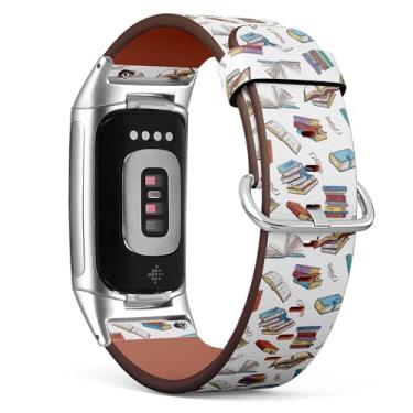 Imagem de MRAKPLGE Pulseira de relógio, diferentes padrões de rabiscos de biblioteca de livros, compatível com Fitbit Charge 6/Fitbit Charge 5, pulseira de couro vegano de substituição, pulseira para homens e
