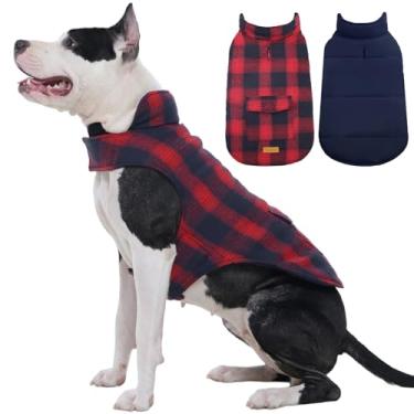 Imagem de Kuoser Casaco de inverno para cachorro xadrez estilo britânico, impermeável, repelente de água aconchegante e frio para cachorro casaco forro de lã para cachorro casaco para cachorro colete para cachorro pequeno médio e grande com bolso PP-3GGKuoser XL vermelho