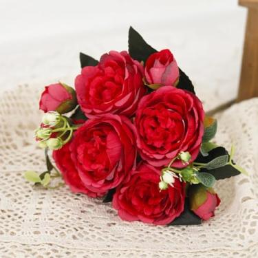 Imagem de Flores artificiais de peônia de seda, buquê de rosas, decoração de casa e natal, arranjos florais falsos para casamento, jardim, guirlanda, acessórios para festa faça você mesmo (vermelho)