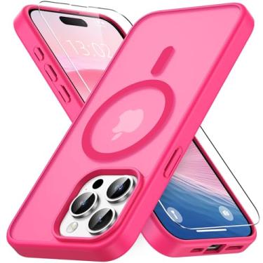 Imagem de Vansdon Capa para iPhone 15 Pro Max, compatível com MagSafe, capa protetora fina fosca translúcida magnética com 1 protetor de tela - Proteção contra quedas de nível militar (rosa choque)