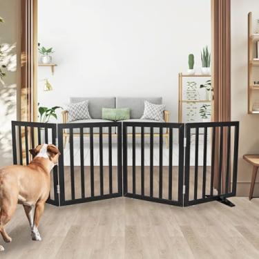 Imagem de SFJC Portão interno para cães, cerca independente para casa, portas, corredores ou escadas, portão para animais de estimação dobrável de madeira, expansível 61 cm de altura, 4 painéis, preto