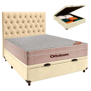 Imagem de Cama Box Bau + Colchão Casal Ortobom Molas Ensacadas Airtech + Cabeceira Estofada