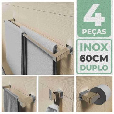 Imagem de Toalheiro Duplo Inox 304 + Kit Acessórios Banheiro 60cm - PERFIL CASA 