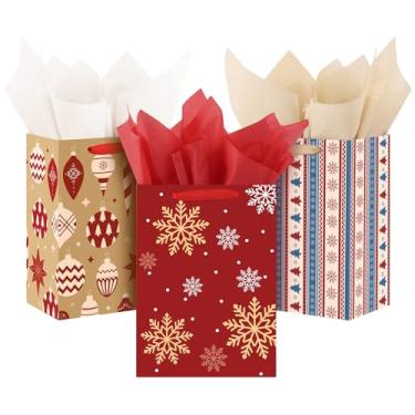 Imagem de woric Pacote com 3 sacos grandes de presente de Natal com alças, sacos de presente de Natal de 35,5 cm com papel de seda para festa de Natal crianças e adultos (bola leve, flocos de neve, listras)