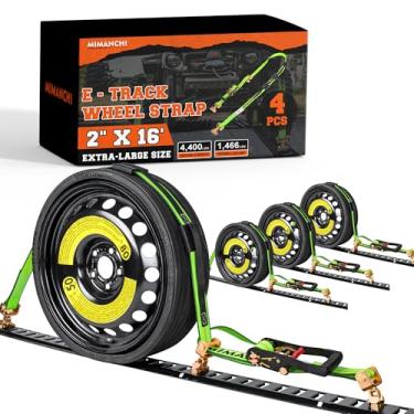 Imagem de Mimanchi 5.1 cm x 16' E Track Correias de pneu, pacote com 4, correias de roda com âncoras giratórias E-Track transportador de veículos, tiras de amarração de carro para reboques com 3 blocos de
