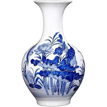 Imagem de AKALNNB Vasos de porcelana azul e branco para decoração vaso vintage antigo pintado à mão em relevo azul e branco vaso de cerâmica arranjo de flores Chi