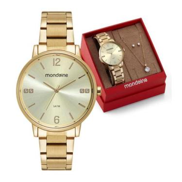 Imagem de Kit Relógio Feminino Mondaine Cristais Dourado À Prova D'Água 50M 3260