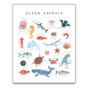 Imagem de Impressão educacional de arte de parede de animais oceânicos, ilustrações de vida marinha com criaturas marinhas, decoração temática náutica para quarto infantil - Impressão de pôster 28 x 35 cm - SEM