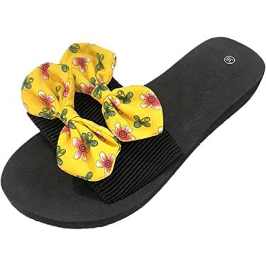 Imagem de Pantufas de coelho para mulheres senhoras verão laço boêmio, Amarelo, 6.5