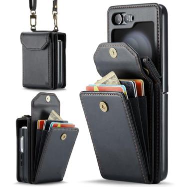 Imagem de Para Samsung Flip5 Capa de proteção contra quedas com slot para cartão para Samsung Galaxy Z Flip 5 Flip5 Zflip5 Capa de couro para telefone, preta, para Samsung Z Flip 5