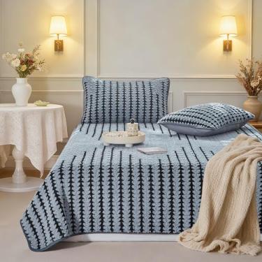 Imagem de Conjunto de colcha de veludo boêmio de luxo de 3 peças, tamanho Queen, leve e decorativo, para todas as estações, cobertor macio com 2 fronhas, azul empoeirado