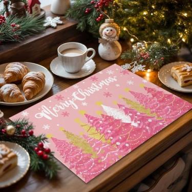 Imagem de Jogo americano de Natal conjunto de 6 tapetes de mesa de Natal de inverno rosa floco de neve para sala de jantar tolerante ao calor toalha de linho lavável pano dobrável para cozinha, mesa, festa
