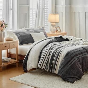 Imagem de Conjunto de edredom de pele sintética Shaggy, tamanho queen, 3 peças, reversível de lã sintética, cinza, branco, listrado, ultramacio, edredom de inverno
