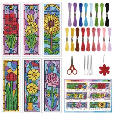 Imagem de INFUNLY Conjunto de 6 peças/conjunto de marcadores de página de ponto cruz de flores de pixel 7,99 x 21,54 cm com janela floral retrô feito à mão, marcadores de página bordados DIY para leitores com