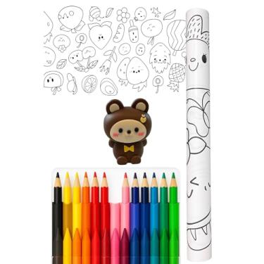 Imagem de Rolo Adesivo Papel para Colorir Infantil -1 Rolo de Desenho p/Pintar Autoadesiva (3m) + kit 36 itens: Lápis de cor Giz de Cera Canetinha Laváveis + Apontador de Ursinho Fofo