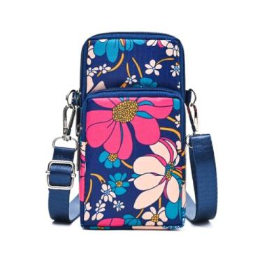 Imagem de Bolsas transversais para mulheres - Mini bolsas de telefone com alça transversal e carteira - Bolsa de braço de nylon para mulheres e homens, Flor vermelha azul, Small