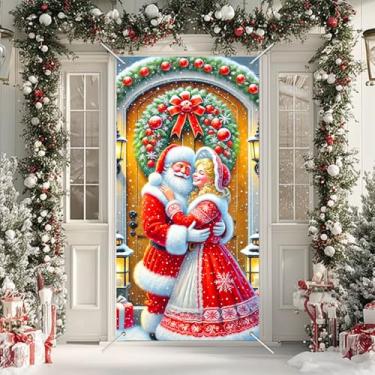 Imagem de Blissyard Capa de porta de Natal com Papai Noel e Sra. Noel, 89 x 189 cm, decoração de feriado dupla face com guirlanda vermelha, flocos de neve, presentes e cenário aconchegante de inverno para