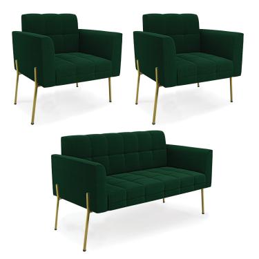 Imagem de Namoradeira e 2 Poltronas Pé de Ferro Dourado Elisa Bouclê Verde D03 - D'Rossi