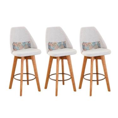 Imagem de Kit 03 Banquetas Alta Maya Giratória Com Encosto Linho Bege Claro e Almofada Folhas - Aurora Line