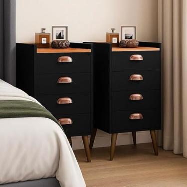 Imagem de Mesa de Cabeceira 4 Gavetas - Cômoda Independente com Gavetas, Organizador para Quarto(Kit com 2 Preto/Cinamomo)