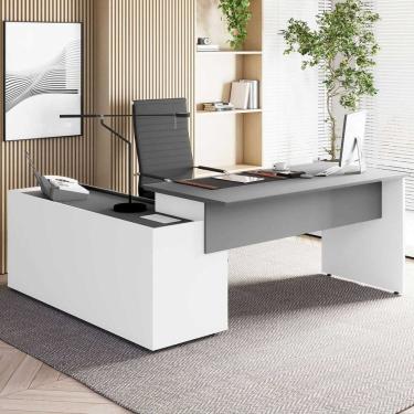 Imagem de Mesa Diretor 2,00m X 1,70m com Armário Caixa de Tomadas e Tampo Cavado para Escritório Corporate Cinza Sagrado com Branco