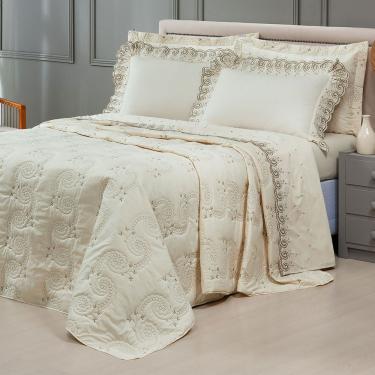 Imagem de Cobre Leito + Jogo De Cama 7 Peças Queen Percal 200 Fios Mistral 100% Algodão - Palha