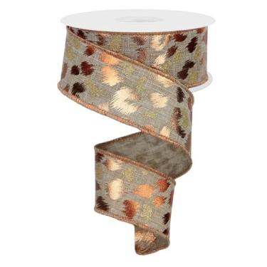 Imagem de Fita com fio de estampa de leopardo com glitter e manchas metálicas para árvores de Natal temáticas de guepardo, grinaldas, presentes, artesanato, laços (bege claro, cobre, ouro, 3,8 cm x 10 jardas)