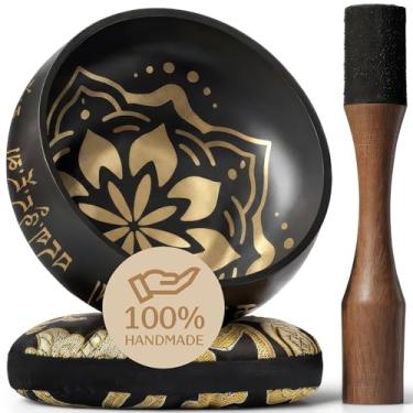 Imagem de Conjunto de tigelas de canto gravadas tibetanas feitas à mão – Tigela de som e tigela de meditação com almofada, martelo e guia – Instrumentos de cura vibracional – Ferramentas de cura de chakra