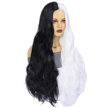 Imagem de Peruca longa preta e branca de 70 cm para mulheres Split Color Wave - 