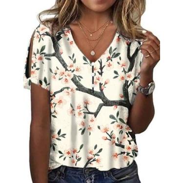Imagem de Blusa HOTYD Boho com estampa floral, manga curta, decote em V, feminin