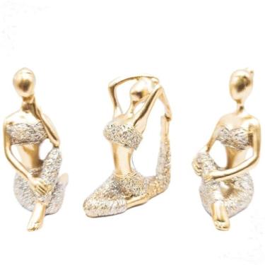 Imagem de Escultura Decorativa, Kit Trio Bailarinas Yoga Balé Mini Estatueta Decorativa Enfeite Casa Mesa Cabeceira Sala Estar(Dourado Com Brilho)
